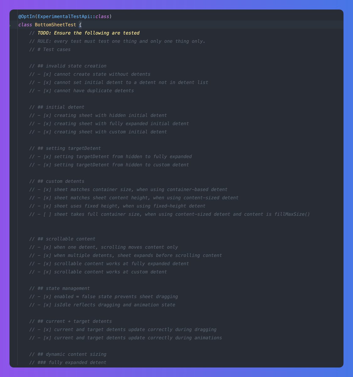 alexstyl's tweet image. Kotlin folks, what do you use to group test cases together?
I am already grouping them in high level as per photo, and want something similar to be expressed in code.