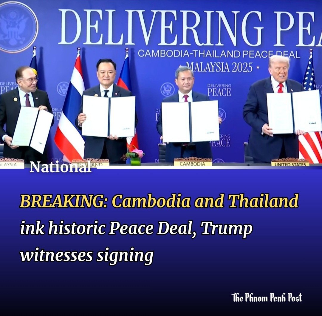 phnompenhpost's tweet photo. A much-awaited peace deal between Cambodia and Thailand was officially signed today, October 26, in Malaysia, marking a major step towards de-escalation after the recent deadly border clashes. The historic agreement was witnessed by US President Donald Trump and ASEAN chairman Anwar Ibrahim, who holds the rotating ASEAN chairmanship for 2025.

Full story: https://t.co/JEf7CvgJhy