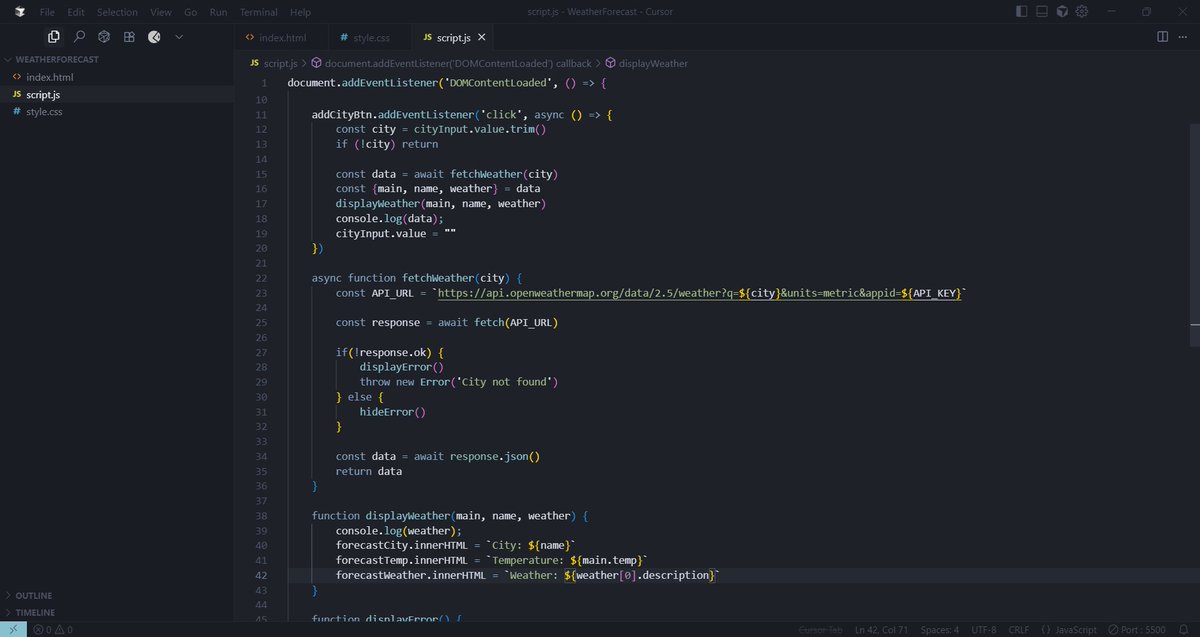 tarasi7261's tweet image. I built my first weather app using #JavaScript and fetch method. Learnt how to handle the async and await functions irl.