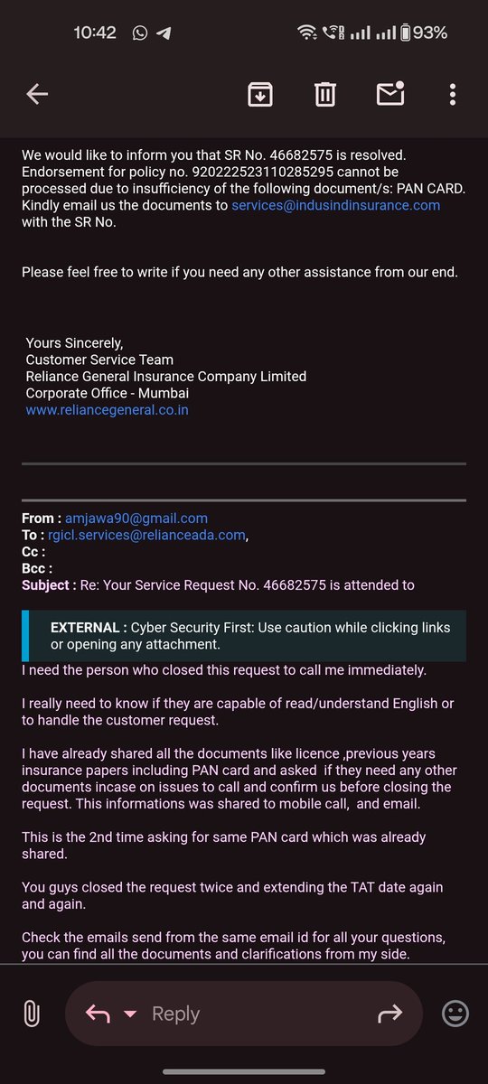 jawahirjaw's tweet image. @RelianceGenIn @PolicyBazaar I raised request for my car insurance policy 15 days ago — incorrect name was  mentioned in the policy. Despite sharing all docs multiple times, the request keeps getting closed without resolution or even informing me.  #RelianceGeneral #PolicyBazaar
