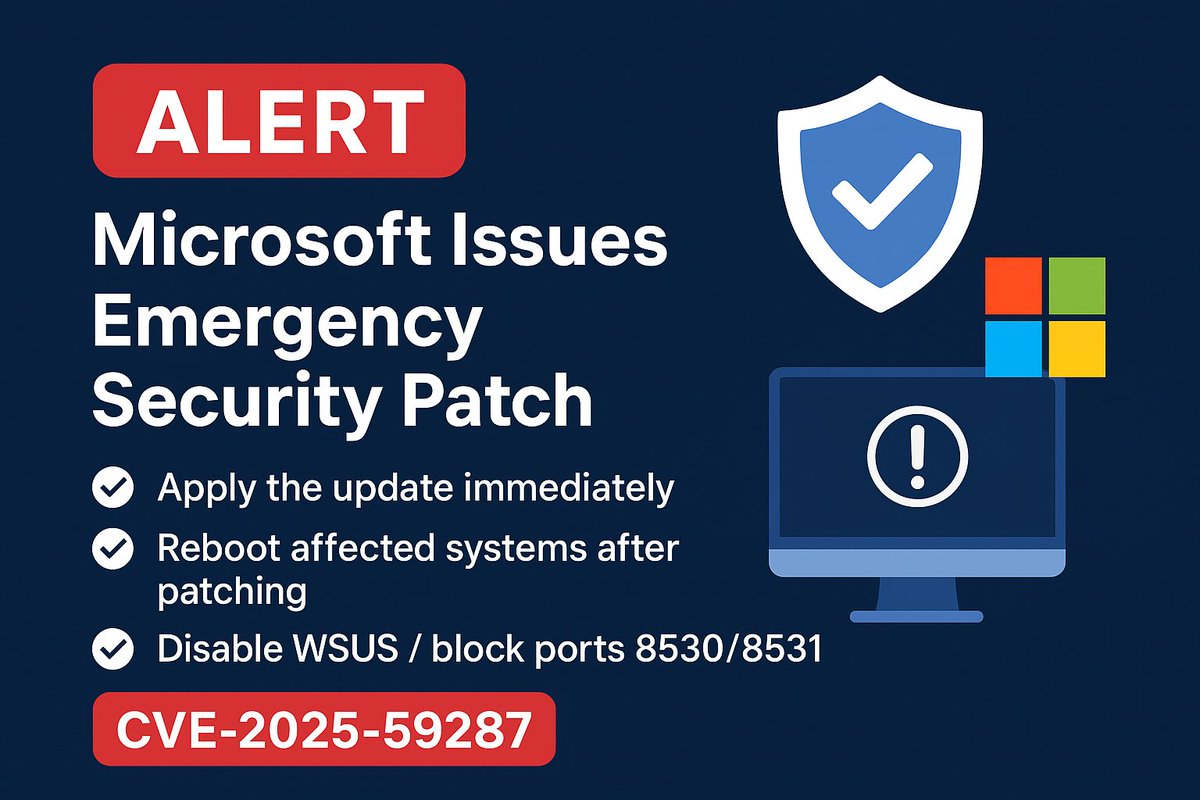 SecurEpitome's tweet image. Microsoft issues emergency patch for WSUS vulnerability (CVE-2025-59287), rated 9.8/10 — enables remote code execution and already exploited in the wild. Apply update now.
#MicrosoftPatch #WindowsServer #Cybersecurity