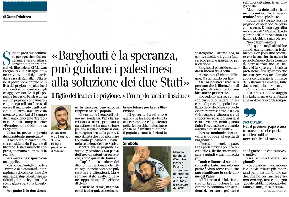 “Barghouti è la speranza, può guidare i palestinesi alla soluzione dei due Stati”
Intervista al figlio Arab che, dopo le parole di Trump, spera nella liberazione di suo padre
<a href="/GretaPrivitera/">greta privitera</a>, <a href="/Corriere/">Corriere della Sera</a>