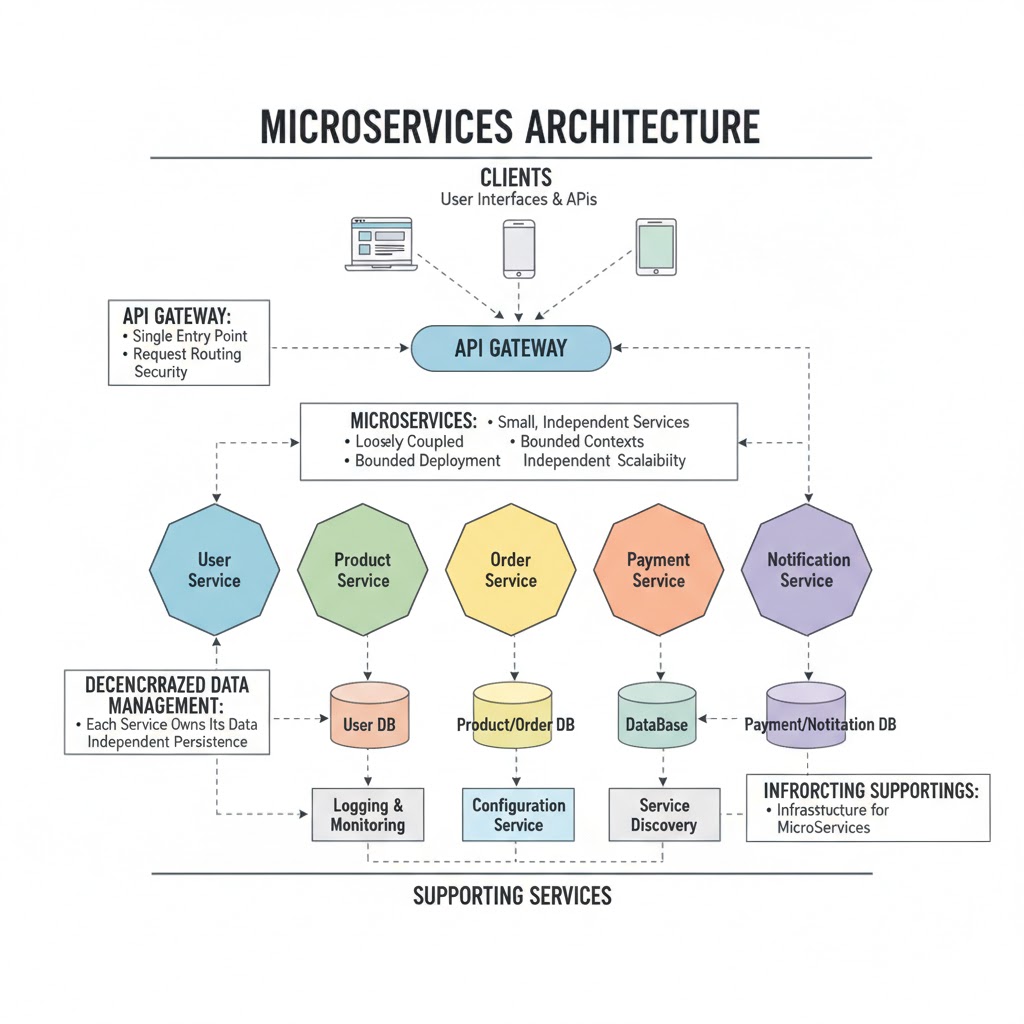 e_opore's tweet image. Microservices Architecture
Overview
→ Breaks a large application into small, independent, and loosely coupled services
→ Each microservice handles a specific business function
→ Enables flexibility, scalability, and faster updates
Components
→ Clients → Web, mobile, or…