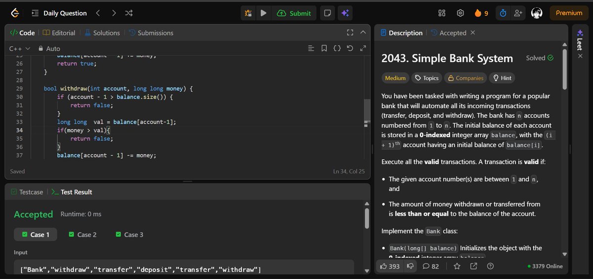 B_Furqan07's tweet image. ✅ Day 207: LeetCode Grind
🧩 2043. Simple Bank System
🔹 Approach: Simulation
⚡ Implemented deposit, withdraw, and transfer operations
🎯 Ensured valid transactions with boundary checks
#100DaysOfCode #LeetCode