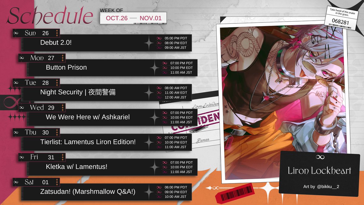 LironLockheart's tweet image. 【Weekly Schedule】
🗓OCT 26 - NOV 01 🗝️⛓️‍💥

ART: @/bikku__2 (MY MAMAAAAAAAA🩷)

 First week with me, Lockats let’s make this week a BLAST!🗝️⛓️‍💥🩷