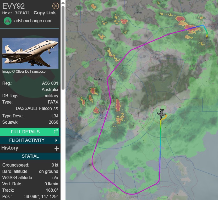 raaf_vip's tweet photo. Dassault Falcon 7X // A56-001 // Envoy 92
Route: Canberra (CBR) - RAAF Base East Sale (YMES)
🛫: 03:47 UTC on 26/10/2025
🛬: 05:47 UTC
#RAAF #AusAirForce #Dassault #Falcon7X #FA7X #A56001 #Victoria #Sale #RAAFEastSale https://t.co/07yw0UarOr