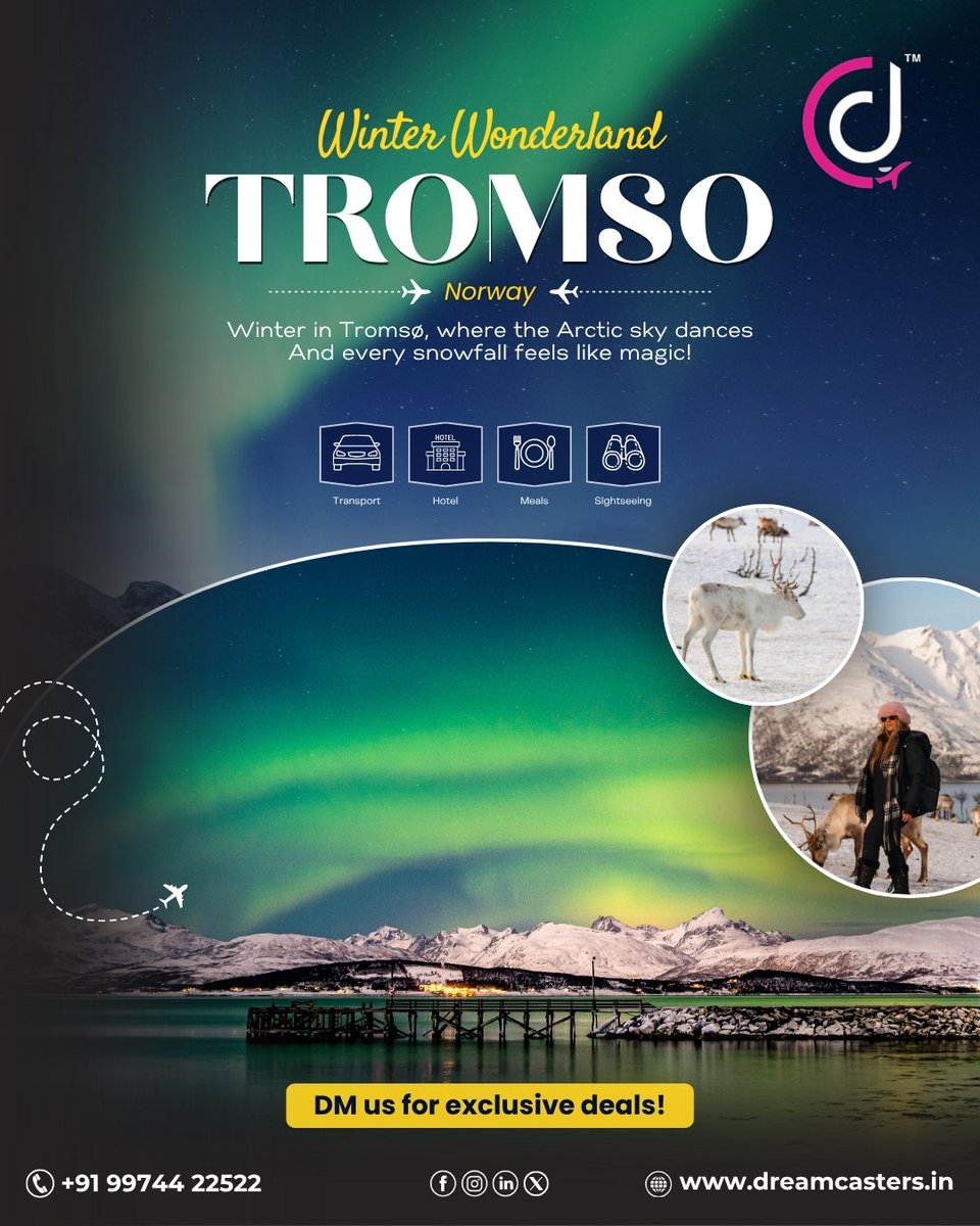 dreamcastersIn's tweet image. From cozy stays to reindeer safaris and snow adventures — Dream Casters brings you the ultimate winter escape! 🏔️#DreamCasters #Tromso #WinterWonderland #NorthernLights #TravelWithDreamCasters #ExploreNorway #SnowAdventures #WinterGetaway #LuxuryTravel #WanderlustIndia