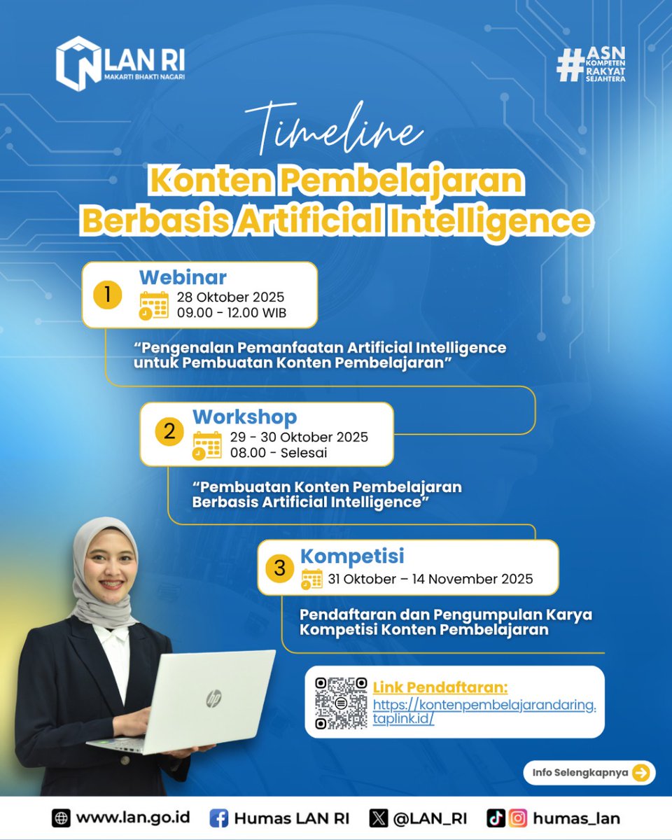 LAN_RI's tweet image. Era pembelajaran bergerak ke arah yang lebih digital dan kreatif. Mari bergabung pada workshop  Pembuatan Konten Pembelajaran Berbasis Artificial Intelegence. 
#DevelopmentProjects #ASN #AI #EducationForAll