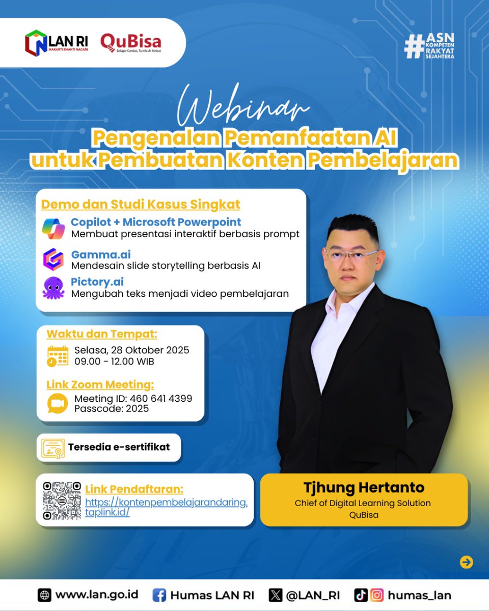 LAN_RI's tweet image. Era pembelajaran bergerak ke arah yang lebih digital dan kreatif. Mari bergabung pada workshop  Pembuatan Konten Pembelajaran Berbasis Artificial Intelegence. 
#DevelopmentProjects #ASN #AI #EducationForAll