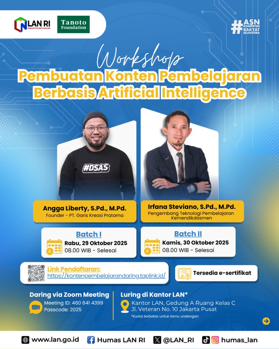LAN_RI's tweet image. Era pembelajaran bergerak ke arah yang lebih digital dan kreatif. Mari bergabung pada workshop  Pembuatan Konten Pembelajaran Berbasis Artificial Intelegence. 
#DevelopmentProjects #ASN #AI #EducationForAll
