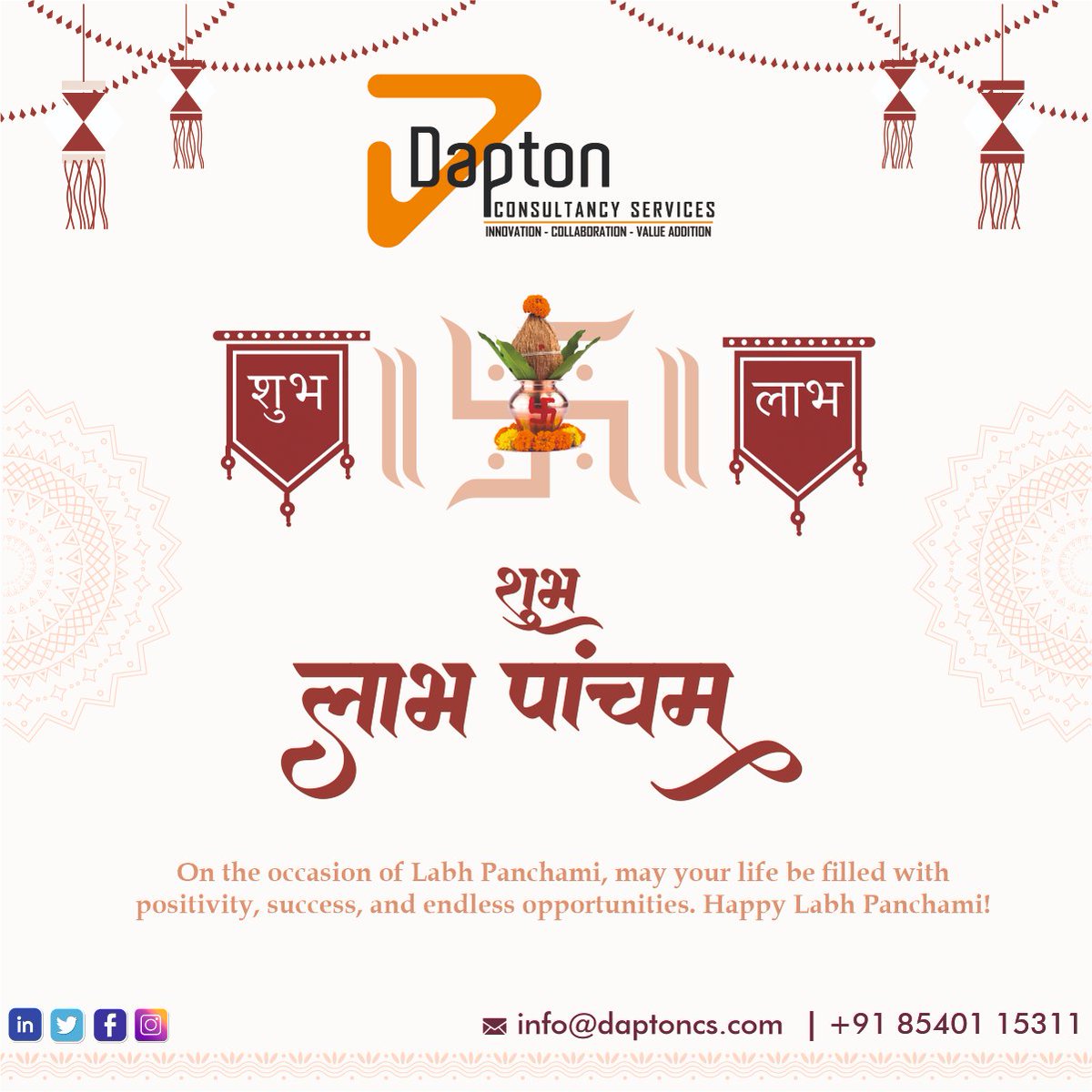 Daptoncs's tweet image. Wishing you all a very Prosperous Labh Pancham!
Today marks the official start of the business year, a day focused on Labh (Gain and Prosperity).
#DaptonCS #ITServices #webappdevelopment #BusinessSolutions #Consulting #SoftwareDevelopment #IoT #CloudComputing #Strategy
