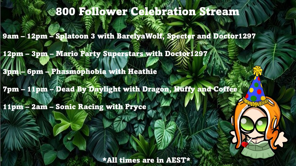 Peggle001's tweet image. The schedule is out for the 800 follower celebration stream next week! We'll be starting Thursday at 9am AEST! See you all there!! 💚