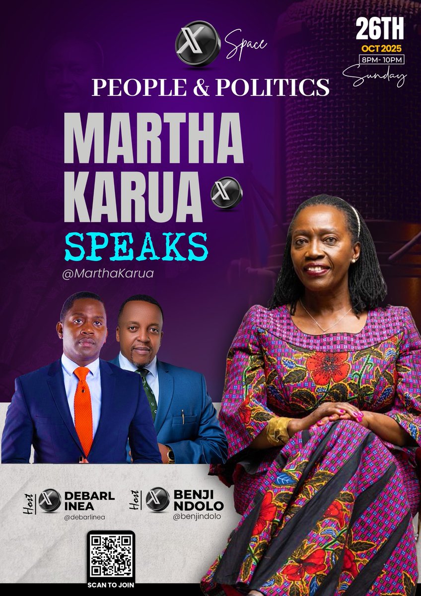 Tonight on People &amp; Politics! <a href="/MarthaKarua/">Martha Karua</a> joins <a href="/debarlinea/">Debarl Inea</a> and <a href="/BenjiNdolo/">Benji Ndolo</a> for a candid conversation on leadership, justice, and Kenya’s political crossroads. Tune in from 8 PM — you don’t want to miss this!