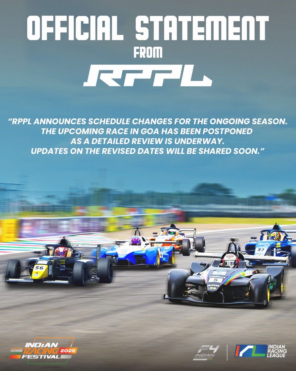 ⚠️ OFFICIAL UPDATE FROM RPPL ⚠️

The Goa Street Race, originally scheduled as Round 4 on November 1-2, has been postponed as part of an ongoing review.

Revised dates will be announced soon. Stay tuned. 🏁

#IndianRacingFestival #IndianRacingLeague #IndianF4 #IRF2025