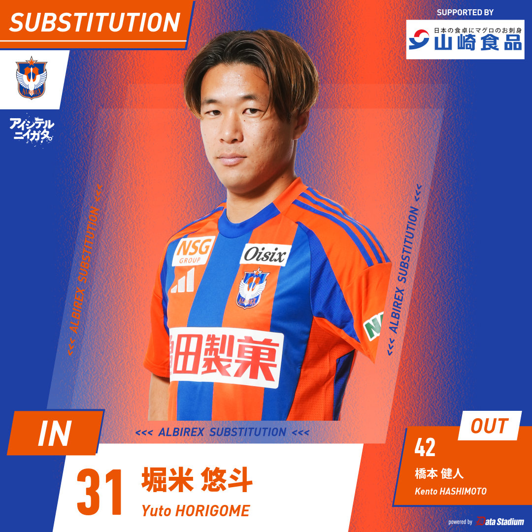 albirex_pr's tweet image. 選手交代🦢

後半30分
⏩IN #堀米悠斗
⏪OUT #橋本健人

#アルビレックス新潟 #albirex