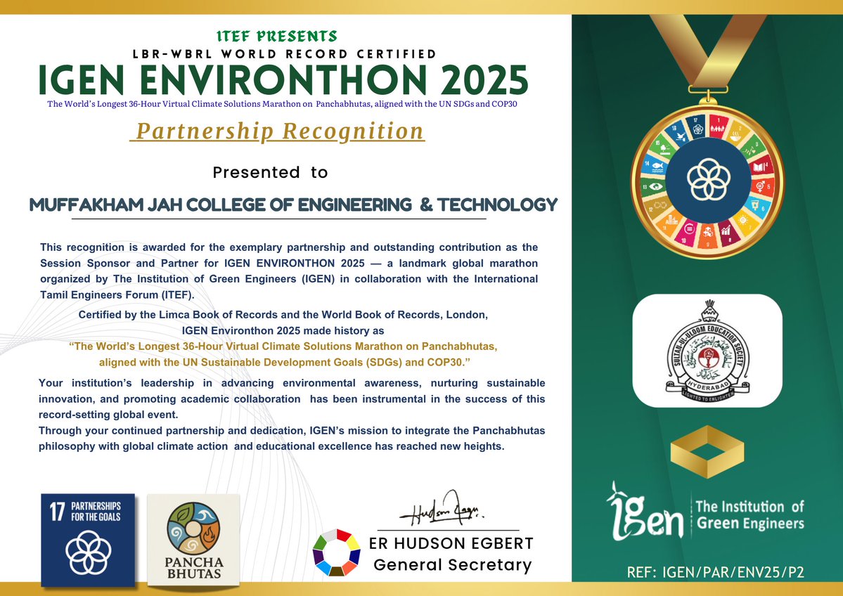 TheInstitution9's tweet image. Proud to present a partnership recognition certificate to #tjsce  #mjcet #jctcet #svct  for their exemplary support as Session Sponsor and Partner of #igenEnvironthon2025, aligned with UN SDGs & COP30