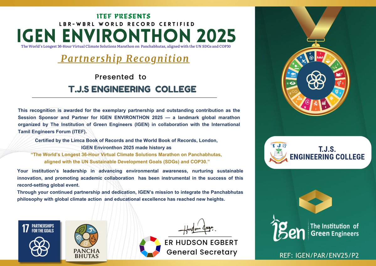 TheInstitution9's tweet image. Proud to present a partnership recognition certificate to #tjsce  #mjcet #jctcet #svct  for their exemplary support as Session Sponsor and Partner of #igenEnvironthon2025, aligned with UN SDGs & COP30