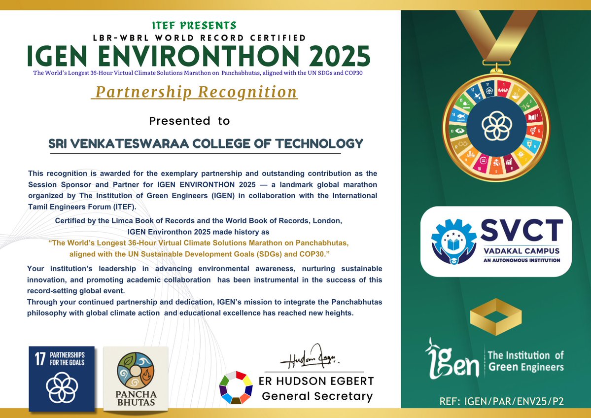 TheInstitution9's tweet image. Proud to present a partnership recognition certificate to #tjsce  #mjcet #jctcet #svct  for their exemplary support as Session Sponsor and Partner of #igenEnvironthon2025, aligned with UN SDGs & COP30