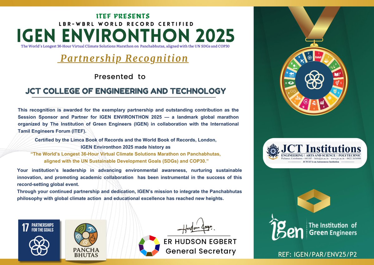 TheInstitution9's tweet image. Proud to present a partnership recognition certificate to #tjsce  #mjcet #jctcet #svct  for their exemplary support as Session Sponsor and Partner of #igenEnvironthon2025, aligned with UN SDGs & COP30