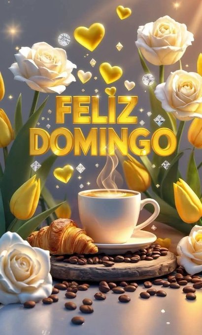 A decorative graphic background in gray tones with golden sparkles and sunlight rays. White roses and yellow tulips surround a white coffee cup steaming with hot beverage on a saucer placed on a wooden surface scattered with coffee beans. A golden croissant rests beside the cup. Golden text reads Feliz Domingo in large bold letters with diamond accents.