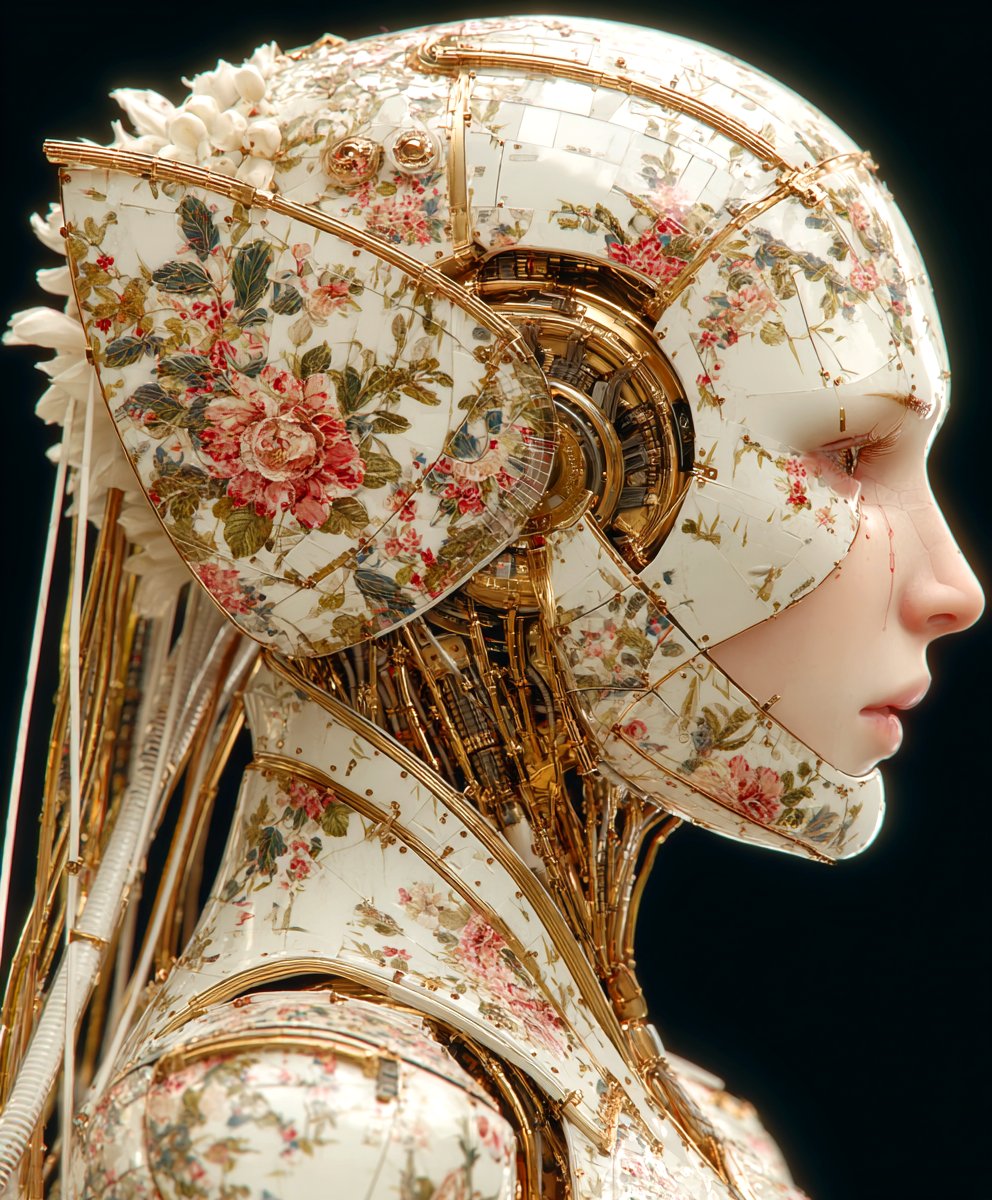 phokuinc's tweet image. Floral porcelain cyborgs, timeless, fragile, divine.
#Futurism #SurrealArt #AIart