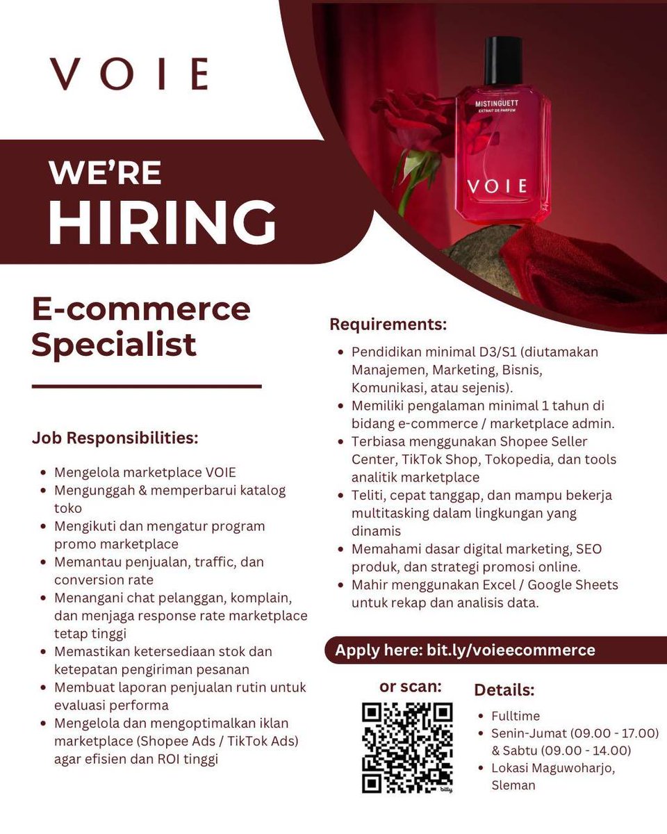 lokerjogja_'s tweet image. WE’RE HIRING!
Join our creative team at Voie❗️ 
Open Positions:
 • E-Commerce Specialist
 • Videographer & Photographer Intern
Swipe to see more details & how to apply! 👀
➖️➖️➖️  
Bijaklah dalam memilih pekerjaan! Tinggalkan komentar atau Dm ke admin jika ada…