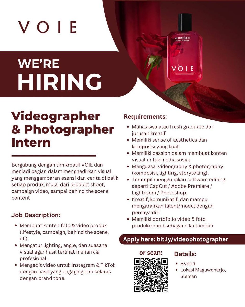 lokerjogja_'s tweet image. WE’RE HIRING!
Join our creative team at Voie❗️ 
Open Positions:
 • E-Commerce Specialist
 • Videographer & Photographer Intern
Swipe to see more details & how to apply! 👀
➖️➖️➖️  
Bijaklah dalam memilih pekerjaan! Tinggalkan komentar atau Dm ke admin jika ada…