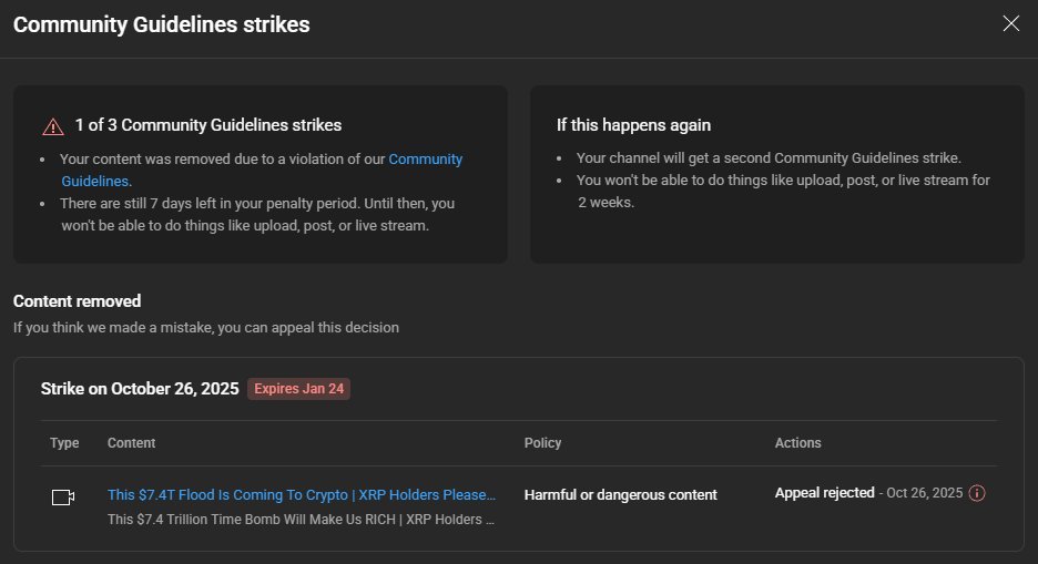 NCashOfficial's tweet image. So it looks as though I won't be able to post for 1 week (not 2 weeks).
However @YouTube @TeamYouTube denied my appeal without even watching the video or anything. This seems like their AI system did the review and that's it.
The video is not harmful or dangerous at all so I am…