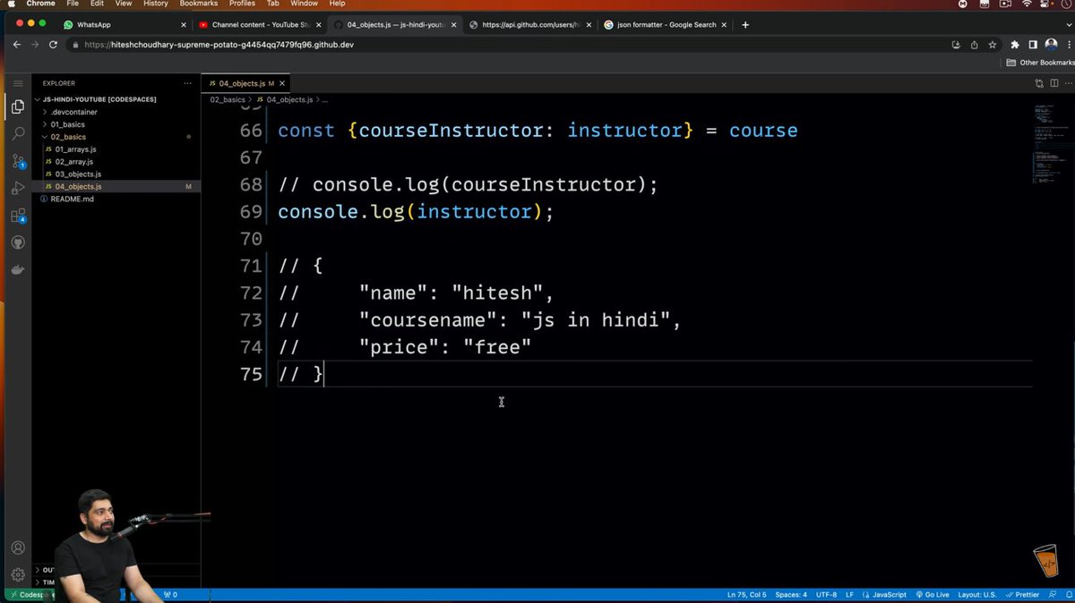 codeXninjaDev's tweet image. Day 17 of #JavaScriptChallenge by @ChaiCodeHQ @Hiteshdotcom 
Learned object destructuring + JSON basics and used a JSON formatter to read API data clearly. Clean code feels good
#ChaiAurCode #MasterjiChallenge #JavaScript