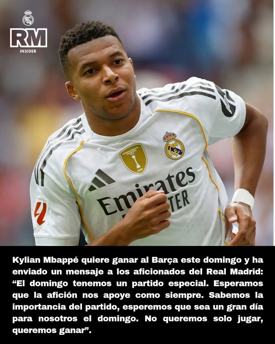 🚨 MBAPPÉ, SOBRE EL CLÁSICO: "QUEREMOS GANAR"

⚽ El delantero francés 🇫🇷 quiere poner fin a la racha negativa contra el #Barça.

✅ El #RealMadrid quiere ganar para mantener el liderato.

#RealMadridBarca #Clásico #Mbappé <a href="/realmadrid/">Real Madrid C.F.</a> <a href="/adidasfootball/">adidas Football</a>