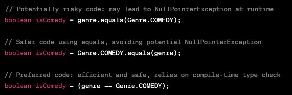 mnhocktweets's tweet image. 🚀 Java Tip 🚀
Prefer the == operator over equals for comparing enum values 🔥
We can use the == operator or equals when comparing enum values. For enum equality, the ==  operator is recommended because the == operator checks for reference equality.