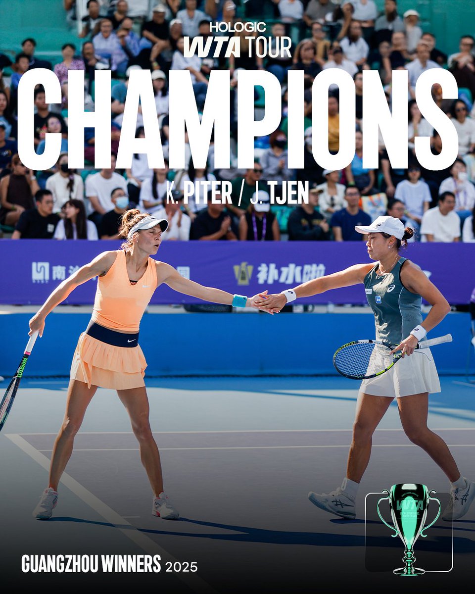 WTA's tweet photo. GUANGZHOU DOUBLES CHAMPIONS 🏆

Katarzyna Piter | Janice
Tjen | #GuangzhouOpen https://t.co/UMzVs9vUId
