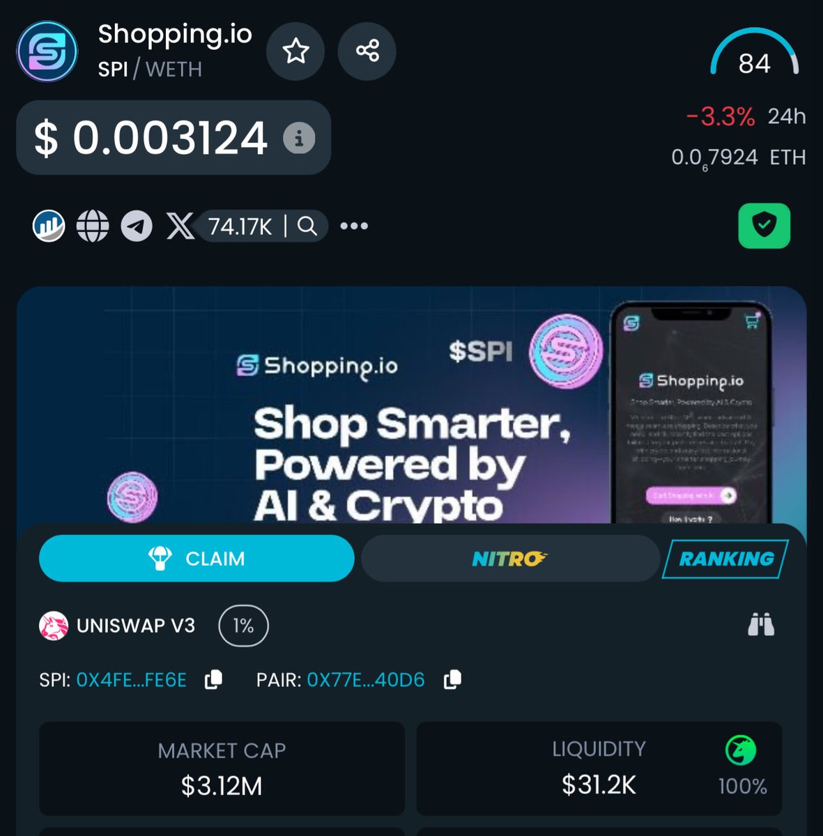 shopping_io's tweet image. GM 🌞🔥
Shopping.io $SPI
One person who will:
LIKE + REPOST + COMMENT
Will get $25 in $SPI tokens. 
0x4feea34369a00740ba41b2d7cabe121f076ffe6e