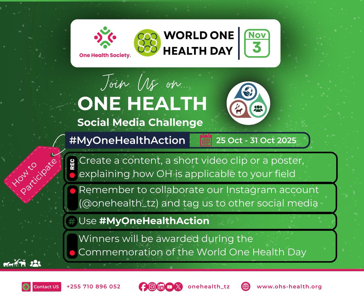 onehealth_tz's tweet image. Join the One Health #SocialMediaChallenge and show how your work connects human, animal, and environmental health!us

📅 Challenge Dates: October 25–31, 2025  

❇️Tag and collaborate with us on Instagram: [@onehealth_tz]  

❇️Use the hashtag: #MyOneHealthAction  

Top entries