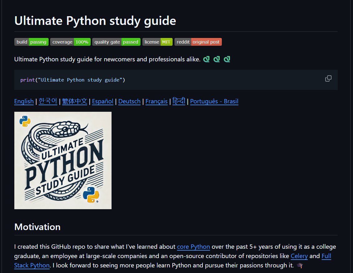 _jaydeepkarale's tweet image. This is the Github repository I would start with if I was to start learning Python in 2025
'The ultimate Python study guide' is a curated repository which is  
•  has a collection of standalone modules which can be run in an IDE like PyCharm and in the browser like Replit
•…