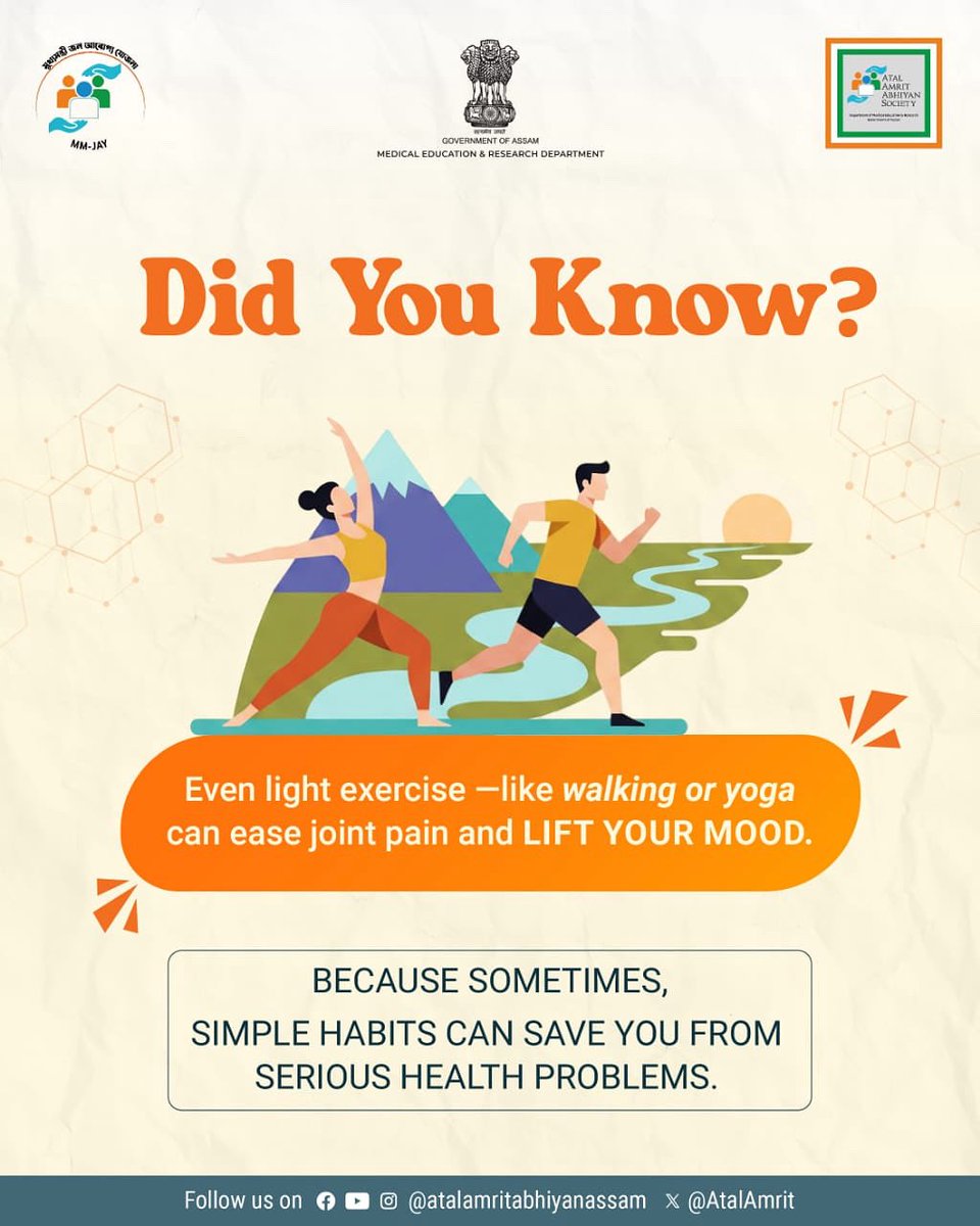 AtalAmrit's tweet image. Simple daily exercise and healthy habits can prevent serious health problems.

Start your journey for a better health today.

#exercise #exercisedaily #healthproblems #healthcare #betterliving #healthyliving #atalamritabhiyansociety #assam @AyushmanNHA