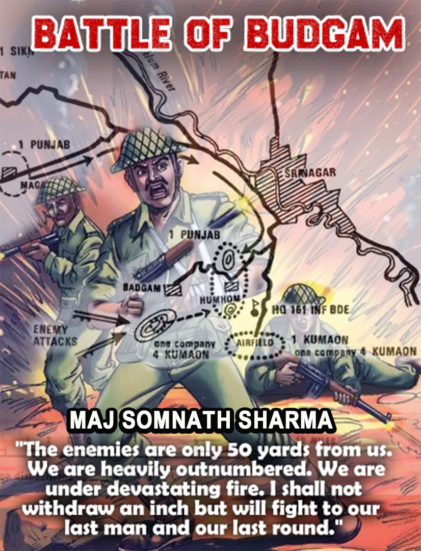 FatimaD75261608's tweet image. Outnumbered and under heavy fire, #MajorSomnathSharma stood tall during the Battle of Budgam in 1947. His unmatched courage and determination saved #Srinagar and earned him the #ParamVirChakra, India&apos;s highest military honour. #BattleOfBudgam #IndianHeroes #IndianArmy #