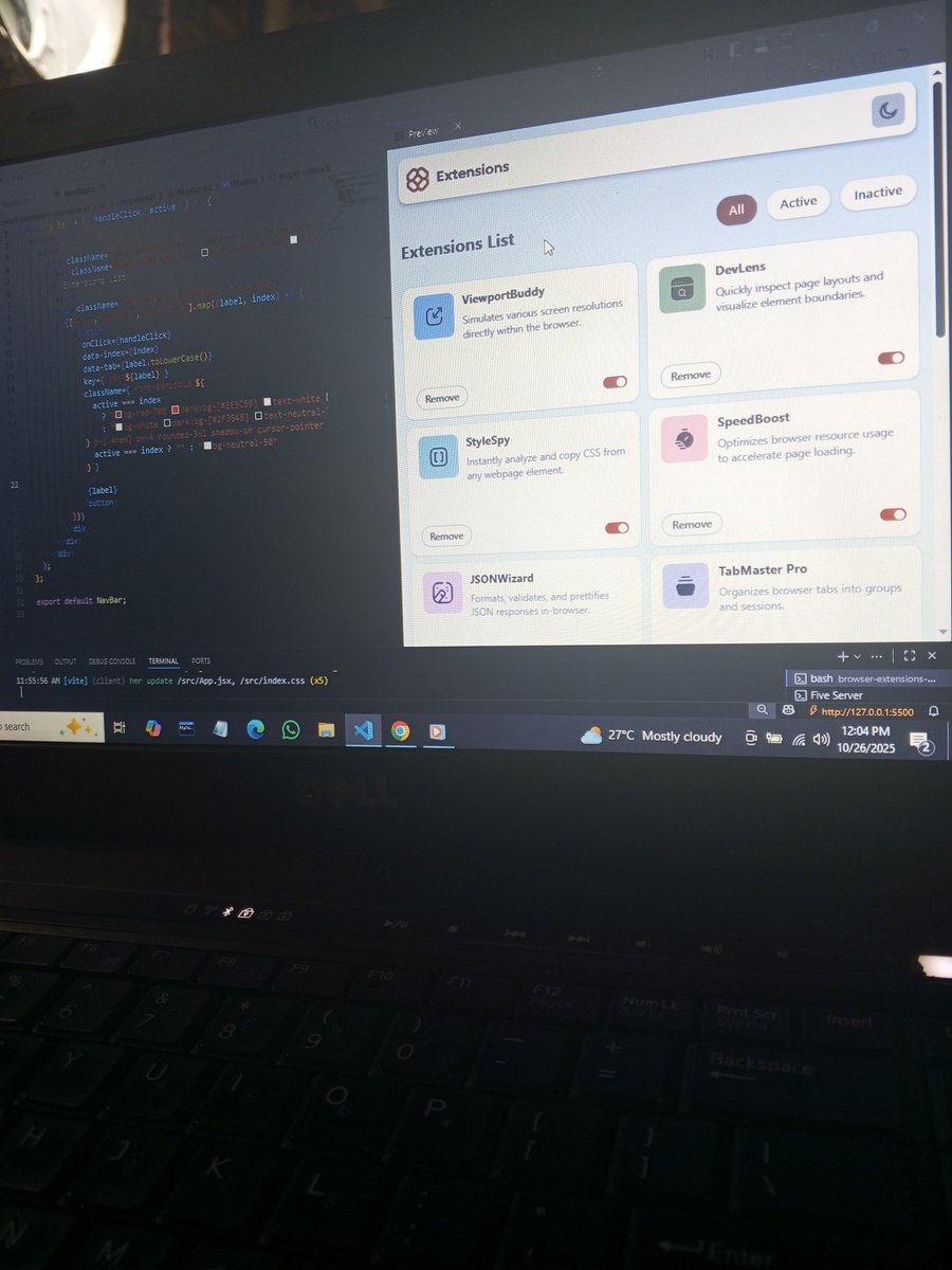 DevMasud's tweet image. Just completed a coding challenge by @frontendmentor
a browser extensions manager interface with a fully functional UI built using React and Tailwind CSS.
It was an amazing experience seeing how closely I recreated the provided template.
Live demo: …wser-extensions-manager-ui.vercel.app