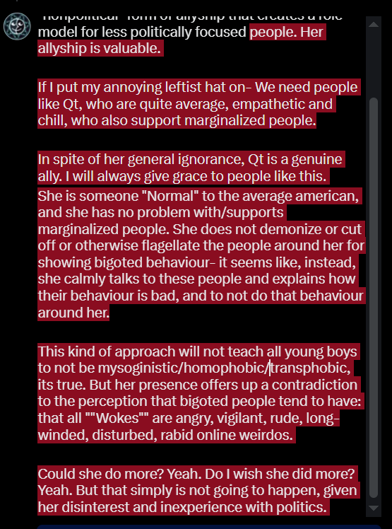 BucketGrimoire's tweet photo. @NathanielS103 i agree with all of this. at the same time not every person can/wants to be a theory warrior for the cause and expecting that is unrealistic. QT may not know most of that, but she is playing a "nonpolitical" form of allyship that creates a role model for less politically focused https://t.co/hK6MMri32Z