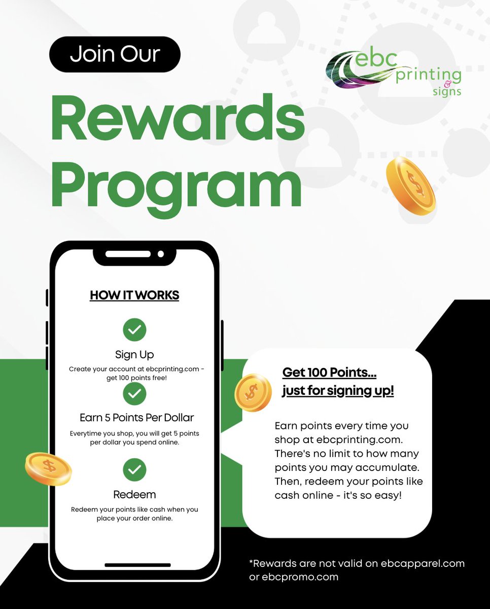 Turn your dollars into rewards! Earn 5 points for every buck and cash ‘em in on your next online order!

Not a member yet? Sign up at ebcprinting.com/user_registrat…

#ebcprinting