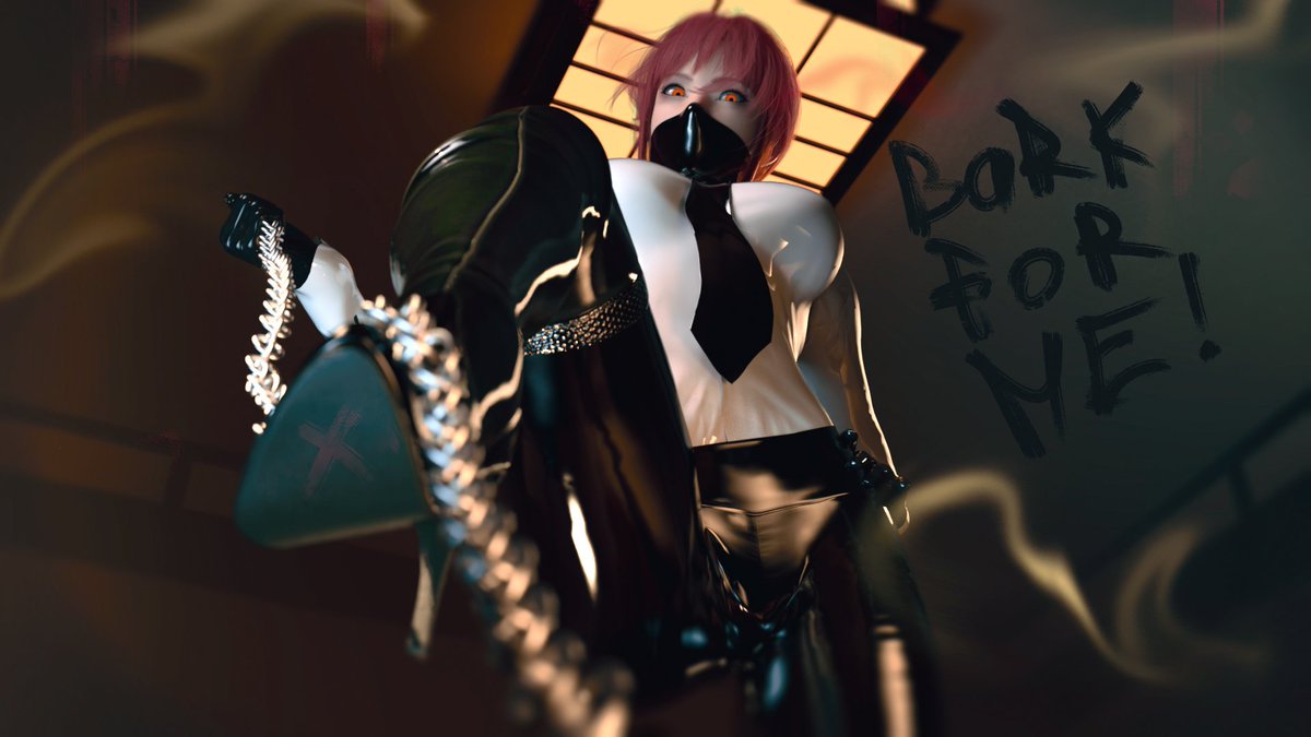 PipPoad's tweet photo. An unexpected collaboration post with another 3D artist.  The work was inspired by a Makima cosplay in a latex suit, so I decided  to create something similar. Render by me, edit and effects by "vegas".

Will you bark for her? 😳

#makima #chainsawmanfanart #latex #3dart https://t.co/ePzNaFW7Ld