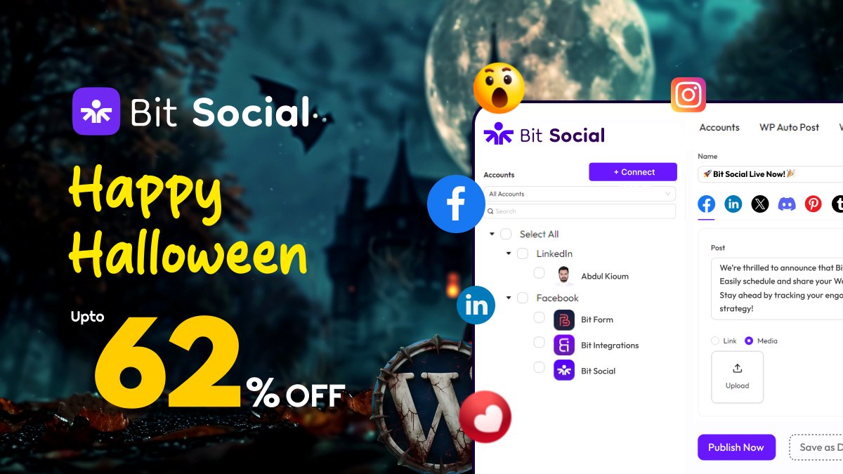 BitSocialPro's tweet image. 🎃 Halloween Sale on #BitSocial! 🎃
Get up to 62% OFF on Bit Social, the advanced WP post scheduling &amp;amp; auto-sharing plugin for #WordPress! 

Deal Duration: 25th Oct – 2nd Nov
 Grab the deal: bit-social.com/pricing/

#HalloweenSale  #Automation #SocialMedia #WPPlugins