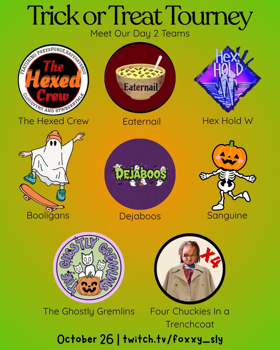Trick or Treat Tourney day 2 starts at 11am est. Which team will win Sunday to face off against yesterday's winner Team Job Application 👀