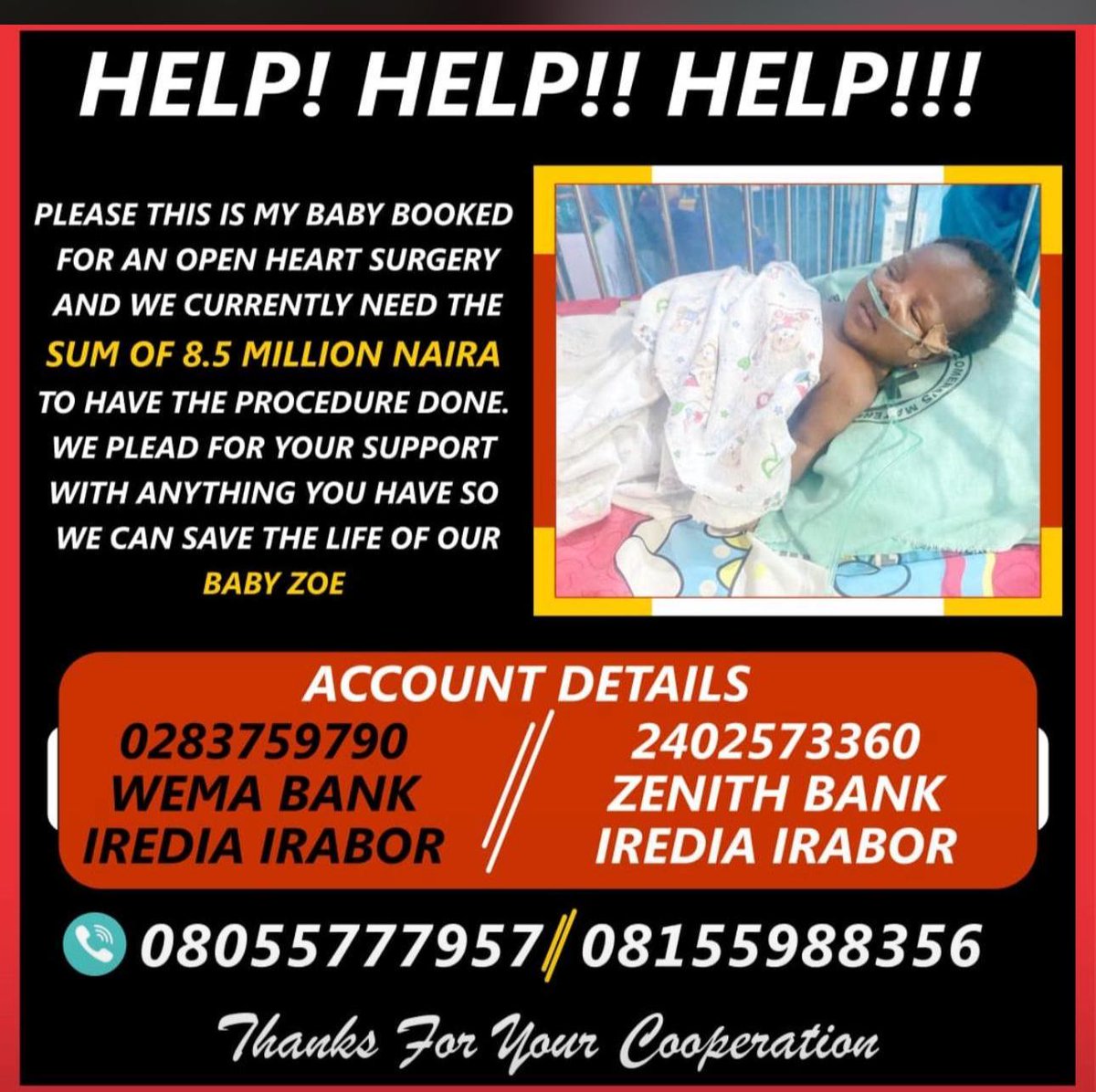 joeinstein_48's tweet photo. Every donation counts.  
Please et's give Baby Zoe a chance to live, to grow, and to shine. 💖
@davido @TonyElumeluFDN @wizkidayo @Ekitipikin @AlikoDangoteFdn @alakijaofficial @heisrema https://t.co/NpU0ZLViq3