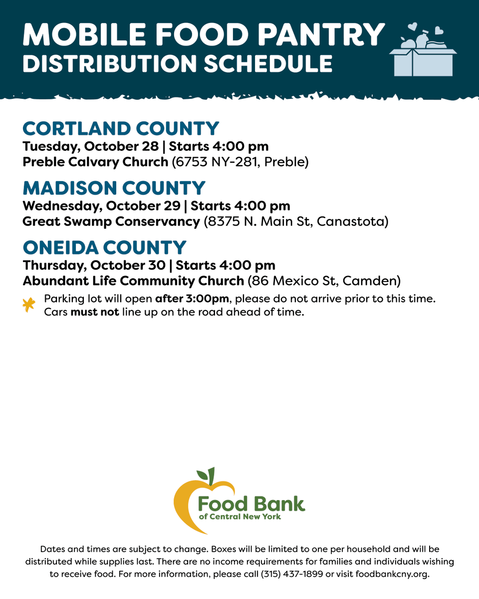 FoodBankofCNY's tweet photo. Here is this week's no-cost distribution schedule:

🚚 Our Mobile Food Pantry will be in #Preble, #Canastota, and #Camden.

🍏 Food Bank partners will be hosting distributions in #Dolgeville, #Vienna / #NorthBay, and #Cortland.

Food Finder: https://t.co/vZGHeanRyO https://t.co/WmxHKv24cy