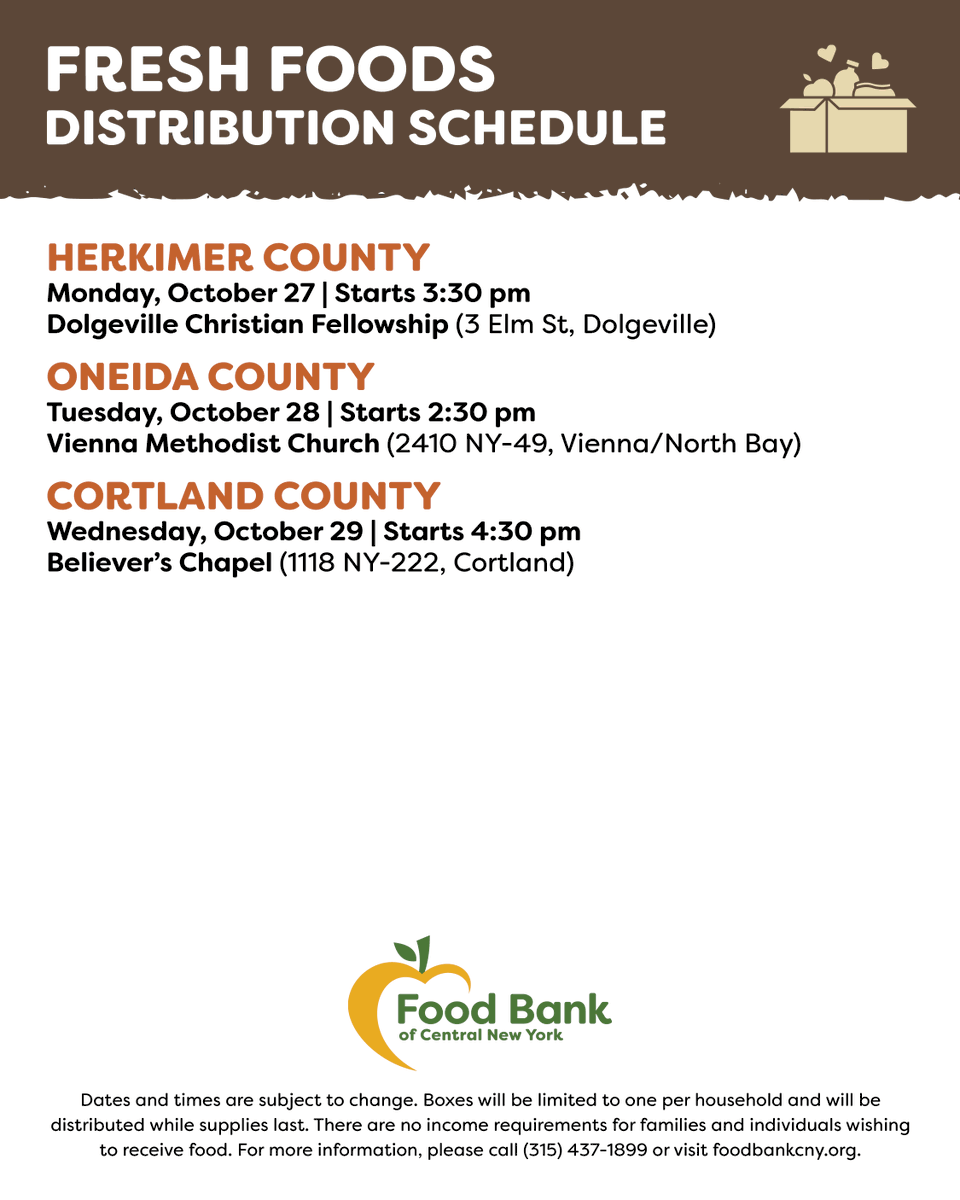 FoodBankofCNY's tweet photo. Here is this week's no-cost distribution schedule:

🚚 Our Mobile Food Pantry will be in #Preble, #Canastota, and #Camden.

🍏 Food Bank partners will be hosting distributions in #Dolgeville, #Vienna / #NorthBay, and #Cortland.

Food Finder: https://t.co/vZGHeanRyO https://t.co/WmxHKv24cy