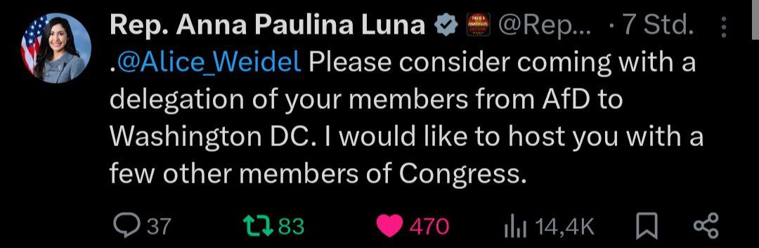 joerg_ralf's tweet image. Anna Paulina Luna lädt Alice Weidel & Mitglieder ihrer Delegation nach D.C. ein! 
"@Alice_Weidel Bitte ziehen Sie in Erwägung, mit einer Delegation Ihrer AfD-Mitglieder nach Washington DC zu kommen. Ich würde Sie gerne zusammen mit einigen anderen Kongressabgeordneten empfangen."