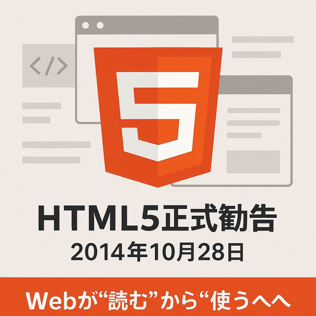 takz2001's tweet image. 【今日のIT史】
2014年10月28日、W3CがHTML5を正式勧告。
Webは“読む”から“使う”へ。
動画もアプリもブラウザの中で動く時代が始まった。
#IT史 #HTML5 #Web技術 #W3C #Sora2