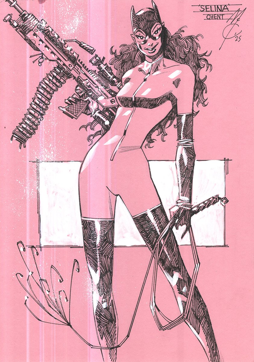 Another commission for FACTS Comic Con in Ghent, Belgium this coming weekend, the 1-2nd November. I was asked for Catwoman as I drew her in Hitman, holding a machine gun. I guess the famous Elektra shot by grand master <a href="/sinKEVitch/">Bill Sienkiewicz</a> might have influenced me a bit....