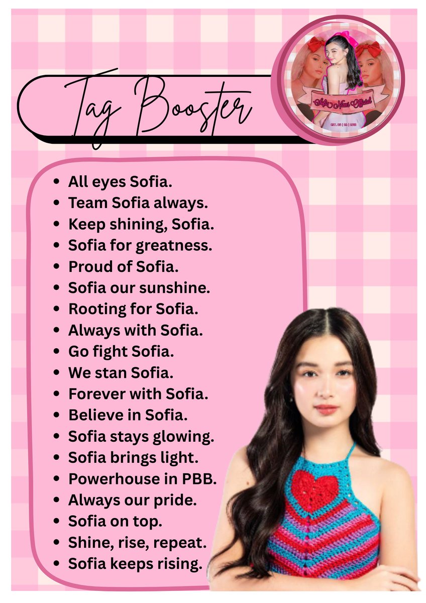 sofianiansofc's tweet photo. Tag booster for Team Sofia!! Please engage with our tagline!!   

Reply • Retweet • Quote Retweet • Engage

SUNdaySHINESOFIA
#SofiaPBBJourneyContinues #SofiaPablo https://t.co/gp6VX9bnvH